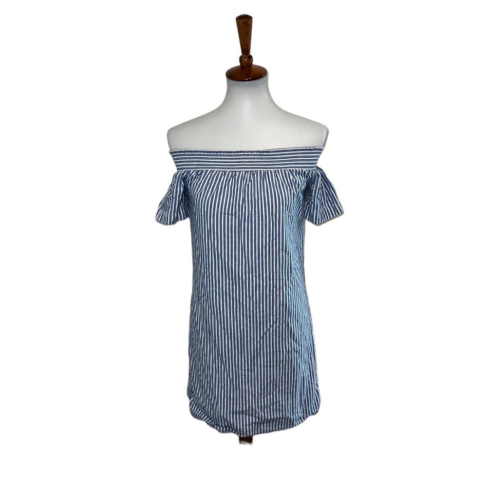 J. Crew Factory Off the Shoulder Dress Striped Linen Blue White Size 00